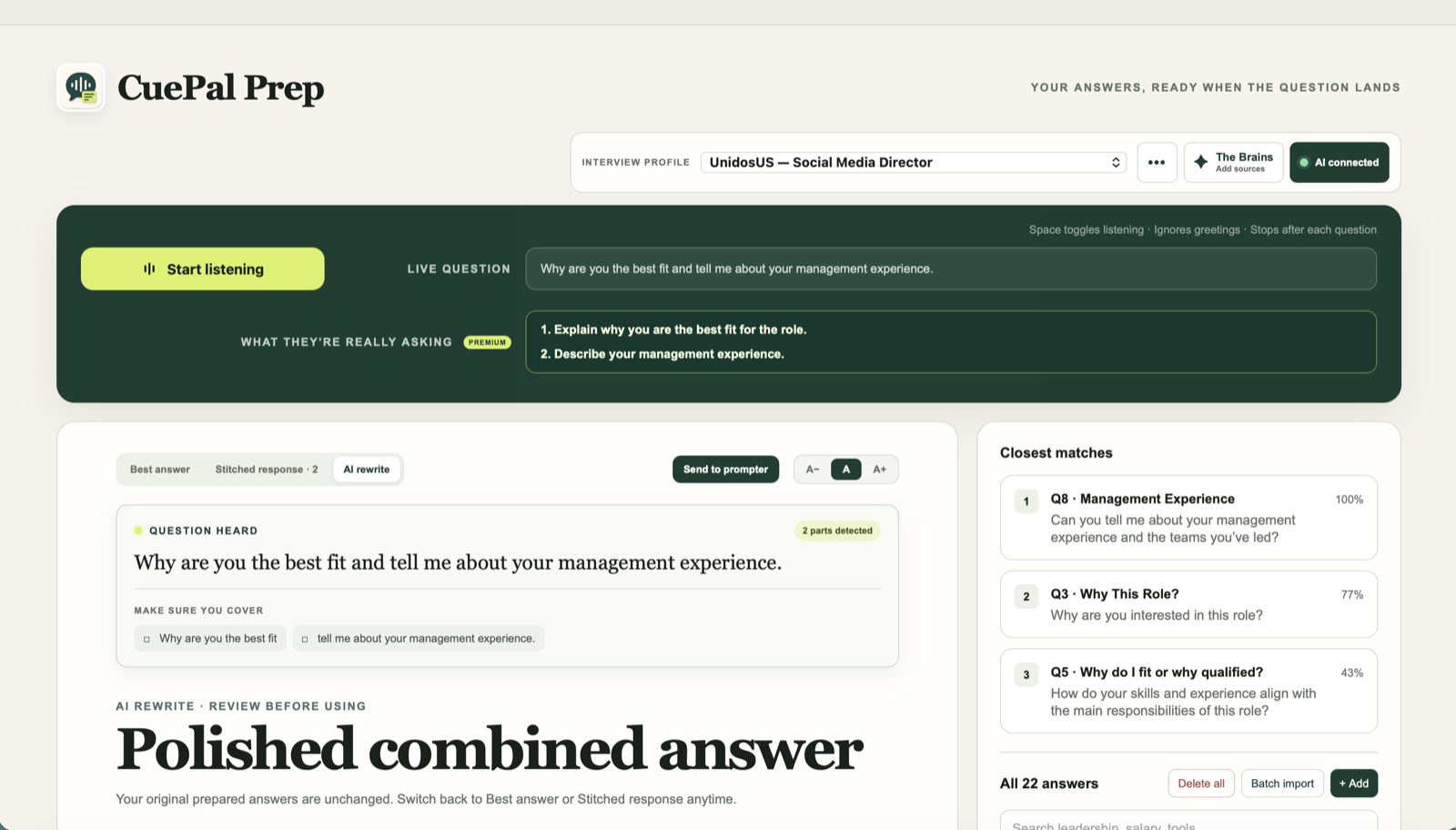 CuePal Prep matching a two-part interview question with prepared answers and creating a combined response